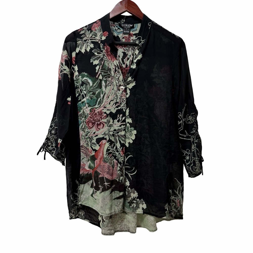 Citron Santa Monica Silk Blend Floral Asian Print Button Up Shirt Size L Black